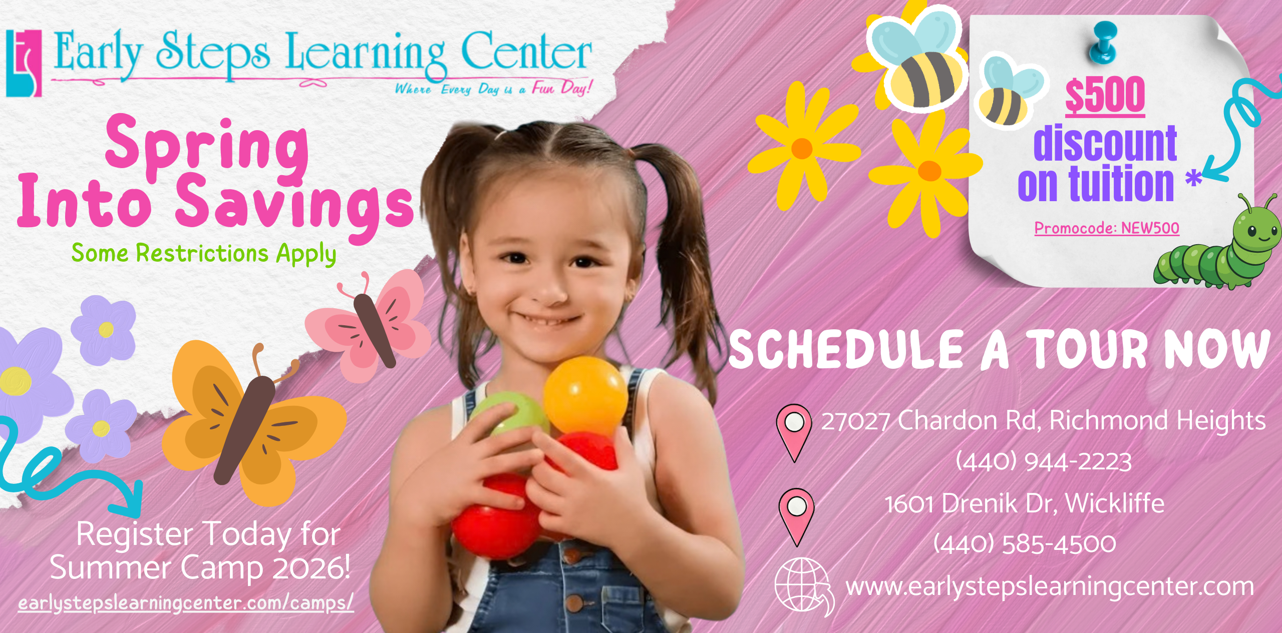 Spring time tuition special offer $500 off tuition and summer camp registration call to action